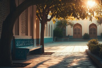 Poster - Sunlit Courtyard Bench, Islamic Architecture, Dawn