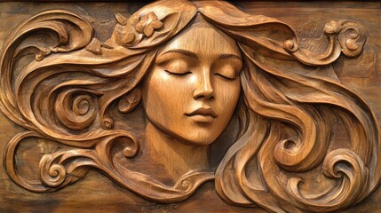 Wall Mural - Wooden serene woman carving, art deco style, wall decor, studio shot