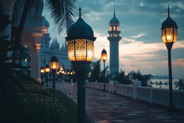 Sticker - Illuminated walkway, mosque sunrise, coastal lamps, tropical