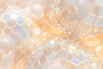 Wall Mural - close-up view of reflective disco ball texture scattering rainbow light on a white background