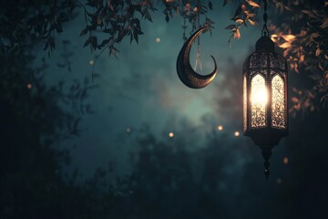 Wall Mural - Illuminated lantern, crescent moon, night garden, Ramadan