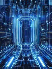 Wall Mural - futuristic blue digital background with glowing lines and patterns, ideal for sci-fi and tech themes