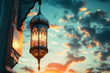 Wall Mural - Illuminated Lantern Hanging Mosque Sunset Ramadan