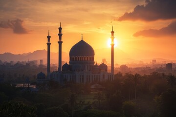 Wall Mural - Majestic Mosque Sunset Silhouette, Cityscape Background