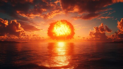 Wall Mural - international day against nuclear tests fiery explosion over the sea at sunset