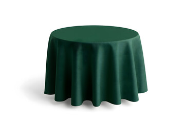 Wall Mural - Round coffee table covered with a dark green tablecloth, isolated on white background