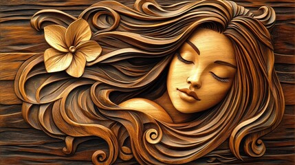 Wall Mural - Woman with long hair, flower, carved in wood, calm. Artwork for backgrounds or ads