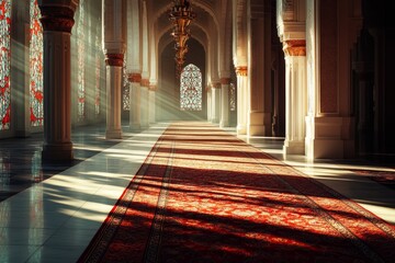 Wall Mural - Sunlit Mosque Corridor, Prayer Carpet, Stained Glass, Interior, Peaceful