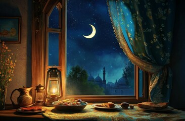 Wall Mural - Nighttime Ramadan feast, crescent moon, window view,  mosque