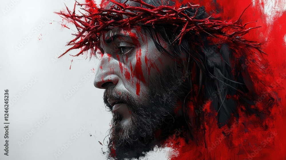 jesus christ with crown of thorns and red splashes of paint on white ...