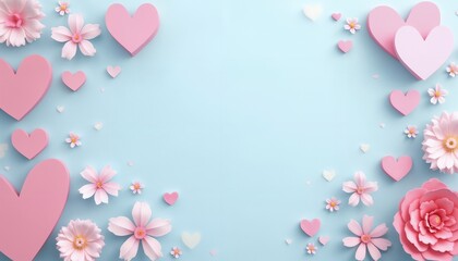 Wall Mural - abstract festive background of pink flowers and heart shapes on a soft cyan background for Valentine's Day celebrations, with blank space for text