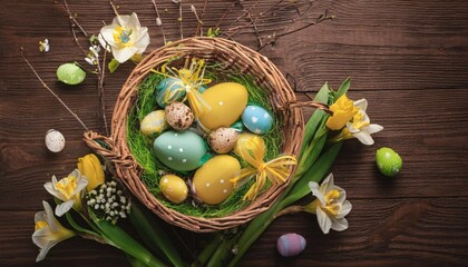 Wall Mural - Easter basket with colorful eggs and spring flowers on wooden background, top view