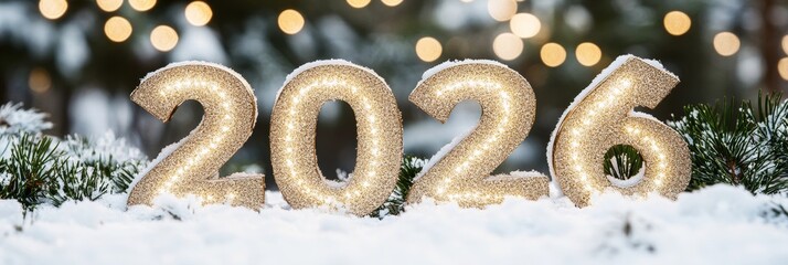 Wall Mural - Golden 2026 Sign Sparkles in Snowy Scene with Festive Holiday Lights for the New Year