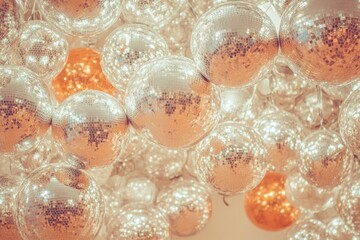Wall Mural - cluster of shimmering disco balls reflecting light in a minimalist setting creating a dazzling visua