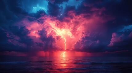 Wall Mural - lightning strike on cloudy dramatic stormy sky background