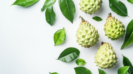 White background with vibrant Cherimoya fruit and green leaves