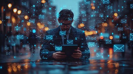 Businessman checking emails outdoors at night