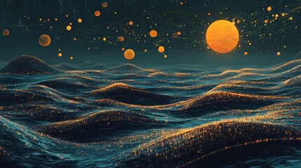 Wall Mural - Abstract digital landscape with glowing orange particles