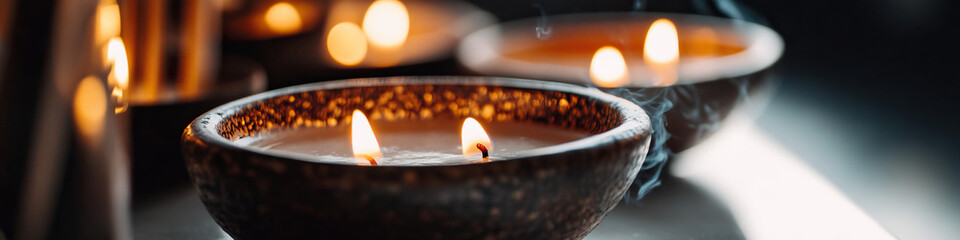 Wall Mural - Lit Two-Wick Candle in Dark Brown Bowl with Background Candles