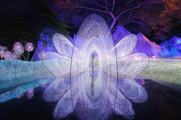 asian woman inside light trace flower tunnel at light show Nasatta Park, Ratchaburi, Thailand