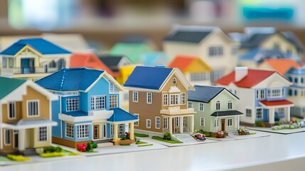 Detailed setup of miniature houses apartment complexes and urban infrastructure on a white desk with a blurred professional background representing urban planning development