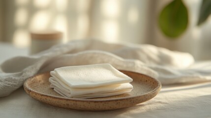 Wall Mural - Neatly Stacked Cotton Cloths on Decorative Plate in Soft Natural Light