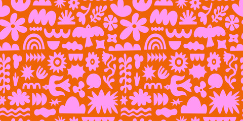 Fototapete - Vector seamless pattern in simple floral wavy and groovy naive style, ocean and vacation theme,  flowers and plants, floral botanic hand drawn design templates, modern art prints, surface design