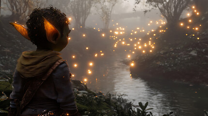 Wall Mural - mischievous goblin gazing out over a glowing river in an ancient, fog-covered forest, with intricate