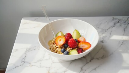 Wall Mural - Healthy fruit oatmeal breakfast bowl, sunlight kitchen table