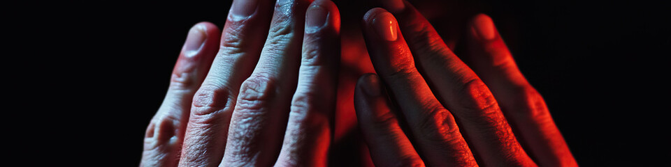 Canvas Print - Close-up Photograph of Interlocked Hands Lit with Red and Blue Light