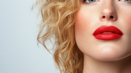 Wall Mural - A close-up portrait of a stylish model showcasing bold red lipstick, emphasizing her radiant skin and vibrant expression against a clean, soft background.