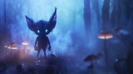 Wall Mural - Goblin standing in a misty enchanted forest, illuminated by glowing mushrooms and soft magical light