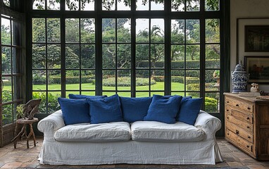 Wall Mural - Relaxing sunroom sofa, garden view, tranquility