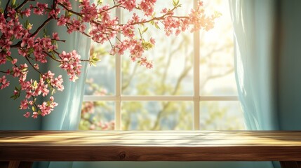 Poster - Wooden table near window with blooming cherry branch.