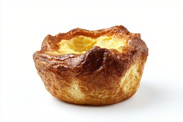 Delicious portuguese custard tart on a white background showcasing its flaky crust and creamy filling