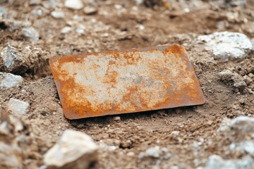 Faded industrial metal sign emerges from earthy embrace, telling stories of time and neglect