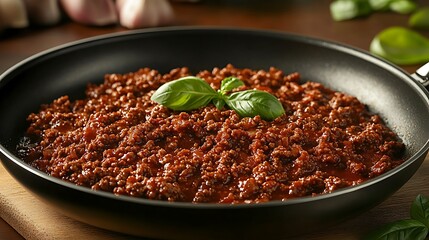 Wall Mural - Steaming minced meat with fresh basil leaves cooking in a pan on a rustic wooden table

