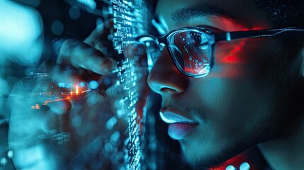 Person's face, glasses, code, neon glow, intense focus.