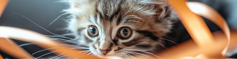 Canvas Print - Close-up of Tabby Kitten with Orange Ribbons