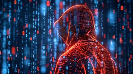 Mysterious figure in a digital landscape with cascading binary code and glowing elements in a dark environment