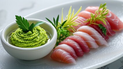 close-up of fresh sashimi with wasabi. a delectable array of thinly sliced fish, beautifully present