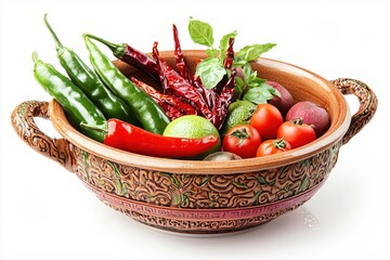 Wall Mural - Fresh Vegetables in a Decorative Bowl Green and Red Peppers Tomatoes Onions and Basil Leaves