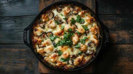 Wall Mural - Cheesy baked pasta with mushrooms and herbs in a cast-iron skillet on a rustic wooden table

