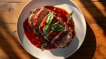 Stuffed meatloaf with tomato sauce and fresh basil served on a rustic white plate

