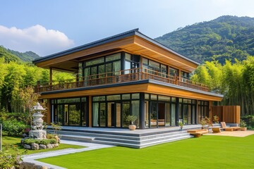 Wall Mural - Modern house with glass walls in lush greenery; hillside; for real estate