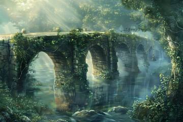 Ancient stone bridge adorned with ivy, crossing a river.