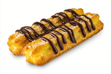 Delicious fried churros with chocolate sauce and sugar on a white background studio shot