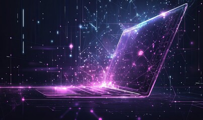 Laptop glowing with data network on dark background, ideal for tech presentations