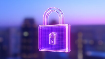 Wall Mural - Futuristic Digital Lock Icon in Neon Colors Over City Skyline at Twilight Representing Cybersecurity Concept