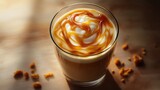 Delicious caramel macchiato in a glass adorned with swirls of cream and caramel on a warm wooden surface